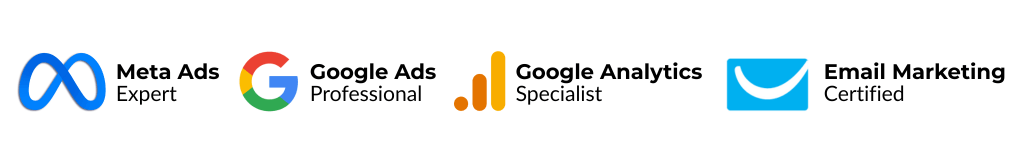 Πιστοποιήσεις της AG Digital σε Meta Ads, Google Ads, Google Analytics και Email Marketing, που αποδεικνύουν την εξειδίκευση της εταιρείας στις κορυφαίες πλατφόρμες ψηφιακού marketing.