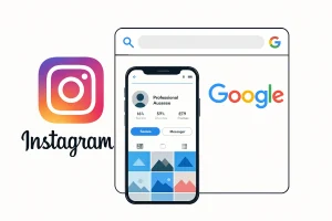 Instagram Google αναρτήσεις Μια εικόνα που συνδυάζει το logo του Instagram και της Google, με ένα επαγγελματικό προφίλ (π.χ. κινητό τηλέφωνο με Instagram feed) να προβάλλεται σε ένα παράθυρο αναζήτησης Google. Στυλ minimal, σύγχρονο και καθαρό. Χρώματα: λευκό, μπλε, ροζ.