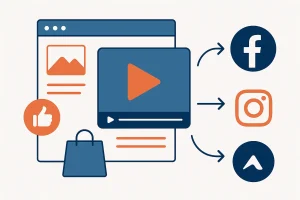 Γραφιστική απεικόνιση που παρουσιάζει τη νέα δυνατότητα βίντεο σε καταλόγους Meta με εικόνες προϊόντων, εικονίδια video, Facebook και Instagram, σε flat minimal στυλ.