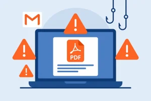Εικονογράφηση με laptop που εμφανίζει προειδοποίηση για πλαστό email με PDF, περιτριγυρισμένο από εικονίδια κινδύνου, Gmail και phishing hooks – σχετική με πλαστό email παραβίαση πνευματικών δικαιωμάτων