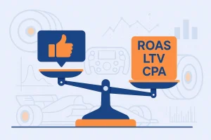 Γραφιστική απεικόνιση που συγκρίνει likes με ουσιαστικά metrics όπως ROAS και LTV, στο στυλ της Formula 1