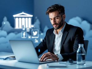 Επιχειρηματίας εργάζεται σε laptop με φόντο εικονίδια social media, αναδεικνύοντας τη στρατηγική πλευρά της Digital επιχειρηματικότητας στην Ελλάδα.