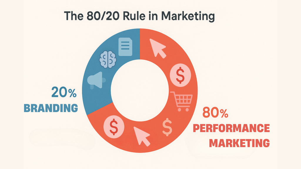 Γράφημα Pareto 80/20 που απεικονίζει τη διαφορά branding και performance marketing, με 20% branding για μακροπρόθεσμη αξία και 80% performance για άμεσα αποτελέσματα.