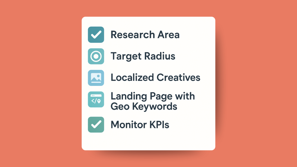 Λίστα ελέγχου με βήματα στρατηγικής όπως Research Area, Target Radius, Localized Creatives και KPIs, για σωστή εφαρμογή Τοπικής & Γεωγραφικής Στόχευσης.